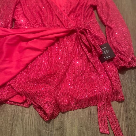 Glamorous LuLus Hot Pink Sequin Faux-Wrap Romper- NWT - Picture 8 of 15